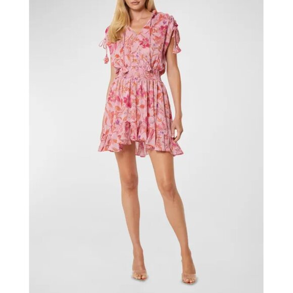 MISA Los Angeles Dominique pink Floral Chiffon Split-Neck Mini Dress size Medium - Picture 1 of 12